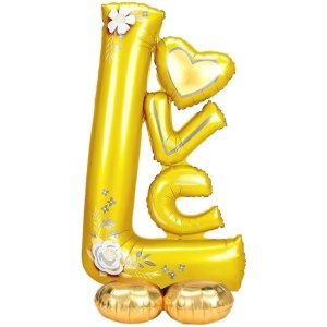 Balon din Folie Metalizata, Flippy, Figurine, Model LOVE, Tematica Iubire, 110x64 cm, Ambalaj Individual, Pai Inclus, Umflare cu Aer sau Heliu, Galben - Img 1