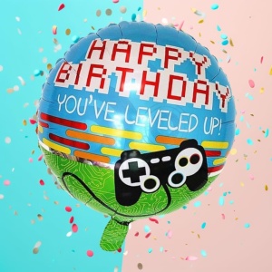Balon din Folie Metalizata, Flippy, Mini Figurina Rotunda, Model Happy Birthday Gamer, Tema Aniversare, 45 cm, Ambalaj Individual, Pai inclus, Umflare cu Aer sau Heliu, Albastru - Img 2