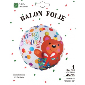 Balon din Folie Metalizata, Flippy, Mini Figurina Rotunda, Model Happy Birthday Ursulet, Tema Aniversare, 45 cm, Ambalaj Individual, Pai inclus, Umflare cu Aer sau Heliu, Maro - Img 4