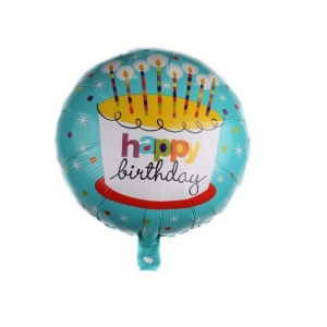 Balon din Folie Metalizata, Flippy, Mini Figurina Rotunda, Model Happy Birthday Tort, Tema Aniversare, 45 cm, Ambalaj Individual, Pai inclus, Umflare cu Aer sau Heliu, Albastru - Img 1