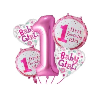 Balon din Folie Metalizata, Flippy, Prima Aniversare, Model First Birthday Girl, 45 cm, Ambalaj Individual, Pai Inclus, Umflare cu Aer sau Heliu, Roz - Img 3