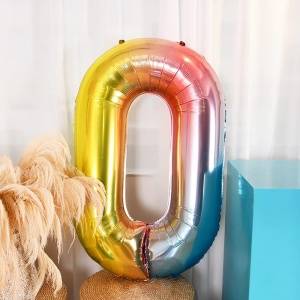 Balon din Folie Metalizata Gradient Flippy, Figurina Cifra, Tema Aniversare 100 cm, Ambalaj Individual, Pai inclus, Umflare cu Aer sau Heliu, Multicolor, Cifra 0 - Img 4