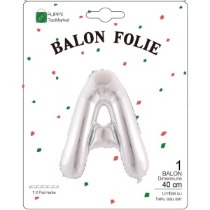 Balon Folie Metalizata Litera A, Flippy, 40 cm, Umflati cu Heliu sau Aer, Ambalaj Individual, Pai inclus, Argintiu - Img 2