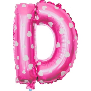 Balon Folie Metalizata Litera D, Flippy, 40 cm, Cu Imprimeu Inimioare, Umflati cu Heliu sau Aer, Ambalaj Individual, Pai inclus, Roz - Img 1