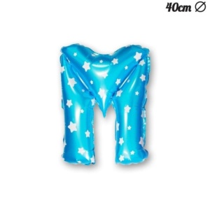 Balon Folie Metalizata Litera M, Flippy, 40 cm, Cu Imprimeu Stelute, Umflati cu Heliu sau Aer, Ambalaj Individual, Pai inclus, Albastru - Img 3