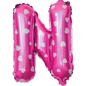 Balon Folie Metalizata Litera N, Flippy, 40 cm, Cu Imprimeu Inimioare, Umflati cu Heliu sau Aer, Ambalaj Individual, Pai inclus, Roz - Img 1