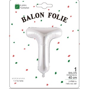 Balon Folie Metalizata Litera T, Flippy, 40 cm, Umflati cu Heliu sau Aer, Ambalaj Individual, Pai inclus, Argintiu - Img 2