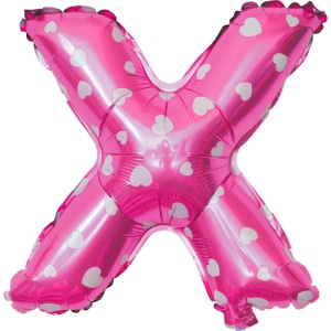 Balon Folie Metalizata Litera X, Flippy, 40 cm, Cu Imprimeu Inimioare, Umflati cu Heliu sau Aer, Ambalaj Individual, Pai inclus, Roz - Img 1