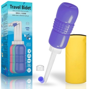 Bideu Portabil pentru Igiena Intima, Flippy, pentru Postpartum/ Postoperator, 450 mL, cu Capac si Husa Galbena, 29.5x7 cm, Culoare Recipient Mov - Img 5