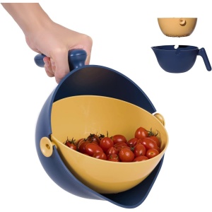 Bol cu Doua Straturi, Flippy, pentru Fructe, Legume, cu Cos de Scurgere a Apei, 2L, din ABS+PP, 29.9 x 22.5 x 11.8 cm, Albastru-Portocaliu - Img 4