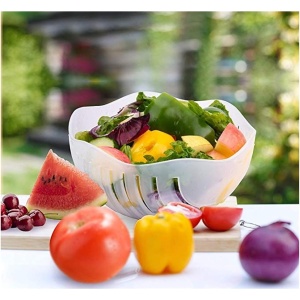 Bol Feliator pentru Salata, Flippy, Castron Multifunctional pentru Legume si Fructe, pentru Spalat si Taiat Legumele, cu Scurgere si Tocator, Ergonomic, Protectie pentru Maini, 21x18.5x11.5 cm, Roz - Img 10