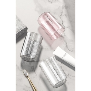 Cana de Apa pentru Clatit, Flippy, pentru Periuta de Dinti, 200 ml, 10.4 x 7.3 cm, Roz Transparent - Img 3