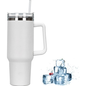 Cana Termos din Plastic, pentru Bauturi Calde si Reci, cu Maner, 9.9x9.9x27 cm, Alb - Img 3