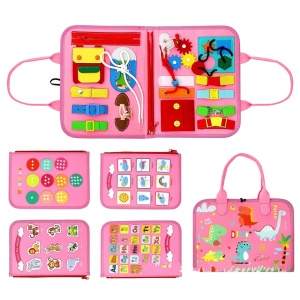 Carte Senzoriala Educativa Montessori 7in1, Flippy, 26 de Activitati, Dezvoltare Abilitati Motorii, 4 Pagini, Model Dinozauri, 28x22x7 cm, Roz - Img 1