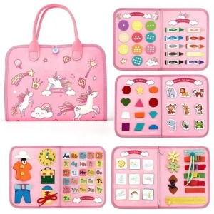 Carte Senzoriala Educativa Montessori, Flippy, Dezvoltare Abilitati Motorii, 5 Pagini, Model Unicorni, 28x22x7 cm, Roz