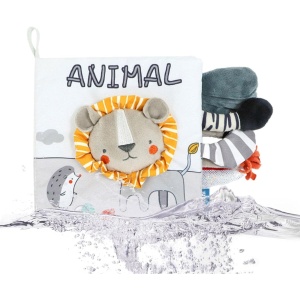 Carte Senzoriala, Flippy, pentru Bebelusi, 15x16x6 cm, cu Animalute, 3D, Cu Sunete si Fosnete, 0-3 Ani, Model Leu, Gri - Img 2