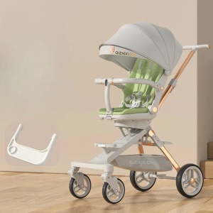 Carucior Sport Flippy 3in1, 6-36 Luni, Pliabil, Tavita pentru Masa, Pat de Dormit, Centura de Siguranta, Roti 360 Grade, Reversibil, Parasolar, Maner Reglabil, 64 x 35 x 100 cm, Gri/Verde - Img 2