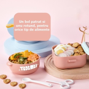 Caserola pentru copii Flippy, lunch box, 750 ml, doua boluri, lingura, foarfeca din plastic, rezistenta la scurgeri, Roz - Img 3