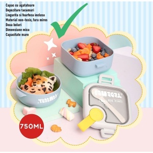 Caserola pentru copii Flippy, lunch box, 750 ml, doua boluri, lingura, foarfeca din plastic, rezistenta la scurgeri, Albastra - Img 2