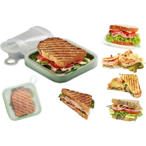 Caserola pentru sandwich Flippy, din silicon si polipropilena, portabil, usor de curatat, capac anti-scurgere, reutilizabil, 15.5 x 15.5 x 2.5 cm, verde - Img 7