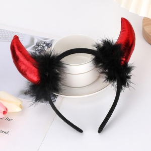 Coronita Deghizare, Flippy, Model Cornite Devil, Rosu Satinat cu Puf Negru, Marime Universala - Img 3