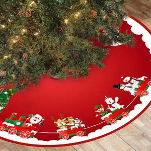 Covoras pentru Bradul de Craciun, Flippy, din Tesatura Pufoasa, cu Fundite de Prindere, Model Sania lui Mos Craciun, Rosu, Diametru 90 cm - Img 5