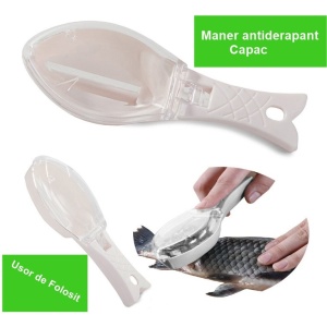 Curatator Manual Solzi de Peste, Flippy, Forma Peste , Recipient cu Capcac pentru Solzi, Plastic, Roz pal, 16x6 cm - Img 2