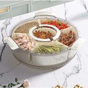 Cutie de Depozitare pentru Alimente, Flippy, cu 6 Compartimente, pentru Condimente, Fructe, Legume, cu Manere de Prindere, Rotativa 360 de Grade, Inchidere Ermetica, 32x10 cm, Alba - Img 12