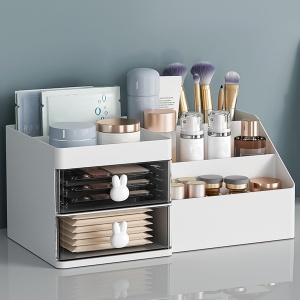 Cutie de Depozitare pentru Birou, Flippy, Pentru Makeup, Papetarie, Organizator Cosmetice, 2 Sertare si Compartimente Multiple, Model Iepuras, Plastic, 27.5x15.5x12 cm, Alb - Img 4