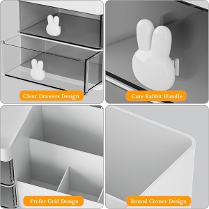 Cutie de Depozitare pentru Birou, Flippy, Pentru Makeup, Papetarie, Organizator Cosmetice, 2 Sertare si Compartimente Multiple, Model Iepuras, Plastic, 27.5x15.5x12 cm, Alb - Img 8