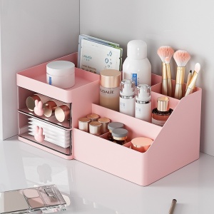 Cutie de Depozitare pentru Birou, Flippy, Pentru Makeup, Papetarie, Organizator Cosmetice, 2 Sertare si Compartimente Multiple, Model Iepuras, Plastic, 27.5x15.5x12 cm, Roz - Img 12