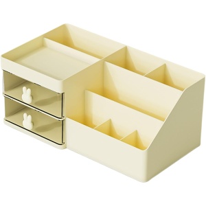 Cutie de Depozitare pentru Birou, Flippy, Pentru Makeup, Papetarie, Organizator Cosmetice, 2 Sertare si Compartimente Multiple, Model Iepuras, Plastic, 27.5x15.5x12 cm, Crem - Img 1