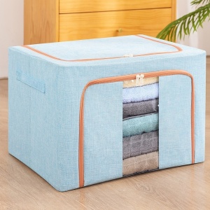 Cutie de Depozitare Pliabila, Flippy, 100 L, din Bumbac si In, 60x42x40 cm, 2 Ferestre, Frontala si Laterala, 2 Usi de Acces cu Fermoar Bidirectional, Cadru Metalic, Suport Baza Stabil din Plastic, Bleu - Img 3