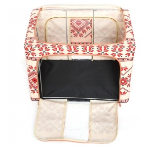 Cutie de Depozitare Pliabila, Flippy,100 L din Bumbac si In, 60X42X40 cm, Fereastra Frontala, 2 Usi de Acces cu Fermoar Bidirectional, Cadru Metalic, Suport Baza Stabil din Plastic, Motiv Traditional Model 2 - Img 7
