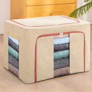 Cutie de Depozitare Pliabila, Flippy, 24 L, din Bumbac si In, 40x30x20 cm, 2 Ferestre, Frontala si Laterala, 2 Usi de Acces cu Fermoar Bidirectional, Cadru Metalic, Suport Baza Stabil din Plastic, Bej - Img 5