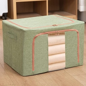 Cutie de Depozitare Pliabila, Flippy, 24 L, din Bumbac si In, 40x30x20 cm, Fereastra Frontala, 2 Usi de Acces cu Fermoar Bidirectional, Cadru Metalic, Suport Baza Stabil din Plastic, Verde - Img 1