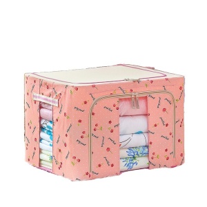 Cutie de Depozitare Pliabila, Flippy, 24 L, Panza Oxford, 40x30x20 cm, Fereastra Frontala, 2 Usi de Acces cu Fermoar Bidirectional, Cadru Metalic, Suport Baza Stabil din Plastic, Imprimeu Cirese, Roz - Img 4