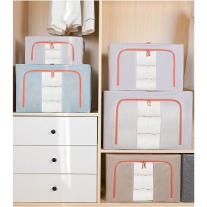 Cutie de Depozitare Pliabila, Flippy, 66 L, din Bumbac si In, 50x40x33 cm, Fereastra Frontala Transparenta, 2 Usi de Acces cu Fermoar Bidirectional, Cadru Metalic, Suport Baza Stabil din Plastic, Bleu - Img 4