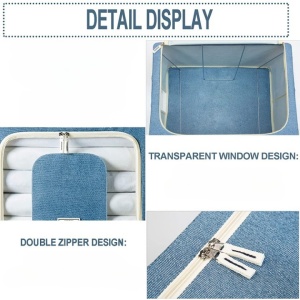 Cutie de Depozitare Pliabila, Flippy, 66 L, din Bumbac si In, 50x40x33 cm, Fereastra Frontala, 2 Usi de Acces cu Fermoar Bidirectional, Cadru Metalic, Suport Baza Stabil din Plastic, Albastru Marin - Img 4