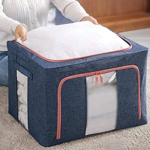 Cutie de depozitare pliabila, Flippy, Cu fermoar, 66 L, Textil, 50x40x33 cm, Albastru Marin, Cadru Metalic, Suport Baza Stabil din Plastic, Cu doua ferestre - Img 6