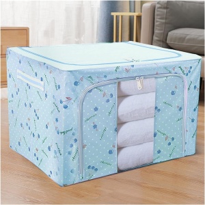 Cutie de Depozitare Pliabila, Flippy, Cu Fermoar, 66 L, Textil, 50x40x33 cm, cu 2 Ferestre, Cadru Metalic, Suport Baza Stabil din Plastic, Imprimeu Cirese, Albastru - Img 3