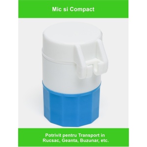 Cutie Pastile Multifunctionala, Flippy, 4 in 1, Pahar Apa, Taiere, Sfaramare, Depozitare, Compact, ABS cu Lama din Inox, Alb/Albastru, 8.7x6.2x4.1 cm - Img 2