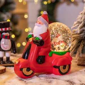 Decoratiune Craciun, Tip Motocicleta, Glob 10 cm, Figurine Mos Craciun, 3 Moduri, Functie Muzicala, Zapada in Miscare, Functioneaza Cu Baterii ( 3 x AAA neincluse), Cablu USB (Inclus), Model Rosu, 20 x 11.5 x 20 cm, Alb Cald - Img 1
