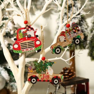 Decoratiune de Craciun din Lemn, Flippy, cu Snur pentru Agatare in Brad, Model Masina lui Mos Craciun, Scris Merry Christmas, 8x8x0.4 cm, Multicolor - Img 7