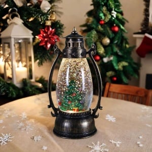 Decoratiune Luminoasa, Flippy, Felinar de Craciun, cu Lumina LED, Ornament Model Lampa cu Ulei Brad de Craciun, cu Maner, 14x7x6 cm, Negru - Img 3