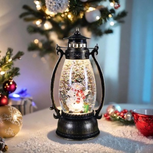 Decoratiune Luminoasa, Flippy, Felinar de Craciun, cu Lumina LED, Ornament Model Lampa cu Ulei Om de Zapada, cu Maner, 14x7x6 cm, Negru - Img 4