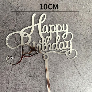 Decoratiune Topper pentru Tort, Flippy, Model Happy Birthday, Tematica Aniversare, 10 cm, Argintiu - Img 2