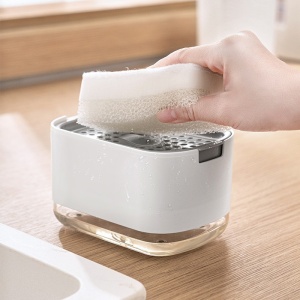 Dozator Flippy, Dispenser 2 in 1 pentru Detergent Lichid de Vase sau pentru Obiecte Sanitare cu Suport pentru Burete de Bucatarie , 8.6 x 14.5 x 10 cm, capacitate 300 ml, alb - Img 6