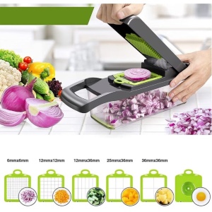 Feliator Multifunctional, Flippy, Razatoare, 8 in 1, pentru Fructe si Legume, 10 Piese, Lame de Inox, Recipient Stocare, Separator Oua, Protectie Mana, ABS, 32.2x11.3 cm, Verde/Gri - Img 2