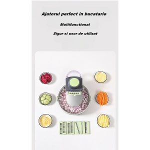 Feliator Multifunctional, Flippy, Razatoare, 8 in 1, pentru Fructe si Legume, 12 Piese, Lame de Inox, Recipient Stocare, Separator Oua, Protectie Mana, ABS, Gri/Verde, 29.5x9x21.8 cm - Img 3